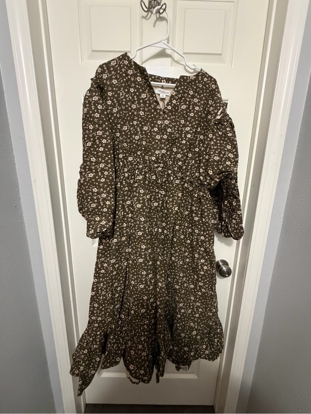 Olive Floral Puff Sleeve Midi Dress with Smocked Waist